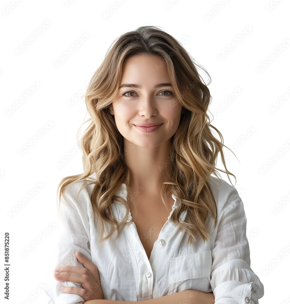 Confident young woman arms crossed looking at camera on isolated transparent background Confident young woman arms crossed looking at camera on isolated transparent background