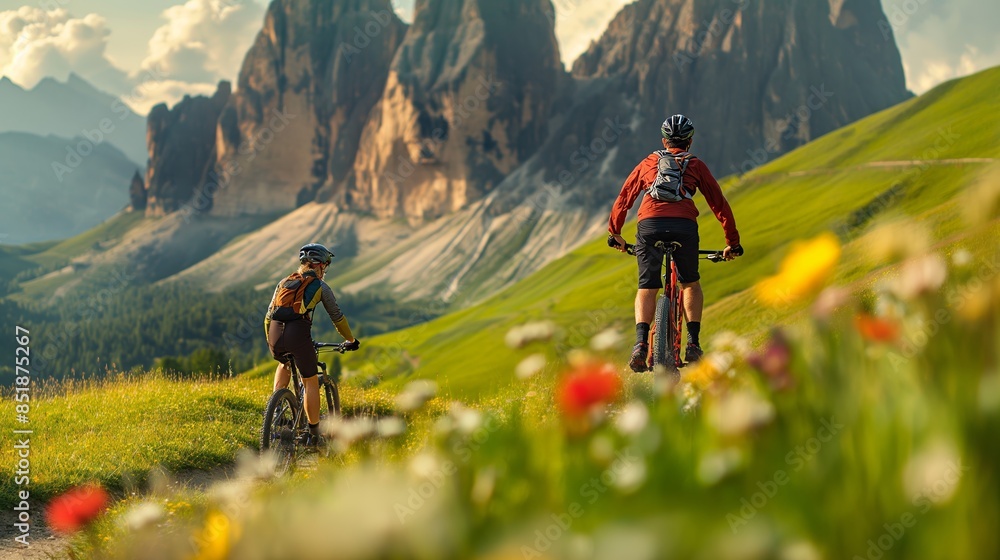 Fototapeta premium Two cyclists explore a breathtaking mountain path, surrounded by vibrant wildflowers and towering peaks under a clear sky.