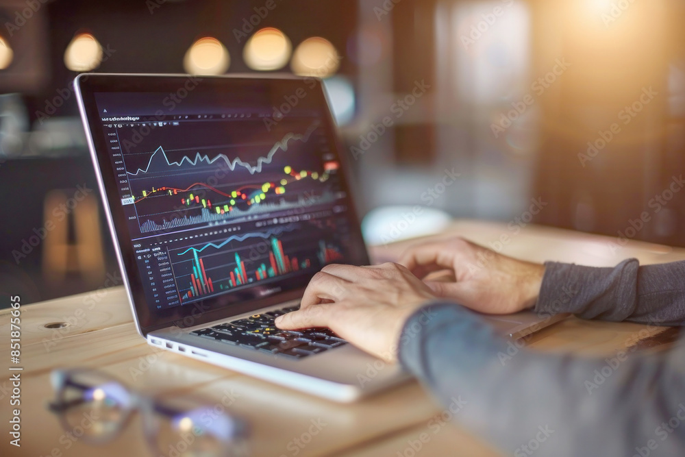 Investing in Stocks on a Laptop in a Vibrant and Professional Office Environment Investing in Stocks on a Laptop in a Vibrant and Professional Office Environment