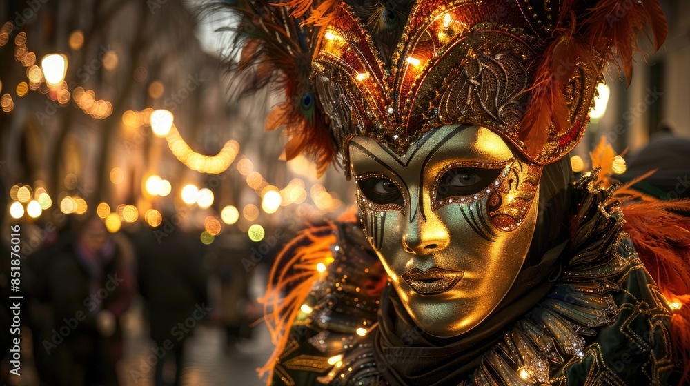 Naklejka premium A mysterious figure in a golden mask and ornate feathered headdress stands out against a backdrop of blurred lights and people.