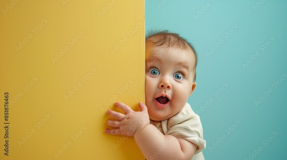 Surprised baby peeping with plain background Surprised baby peeping with plain background