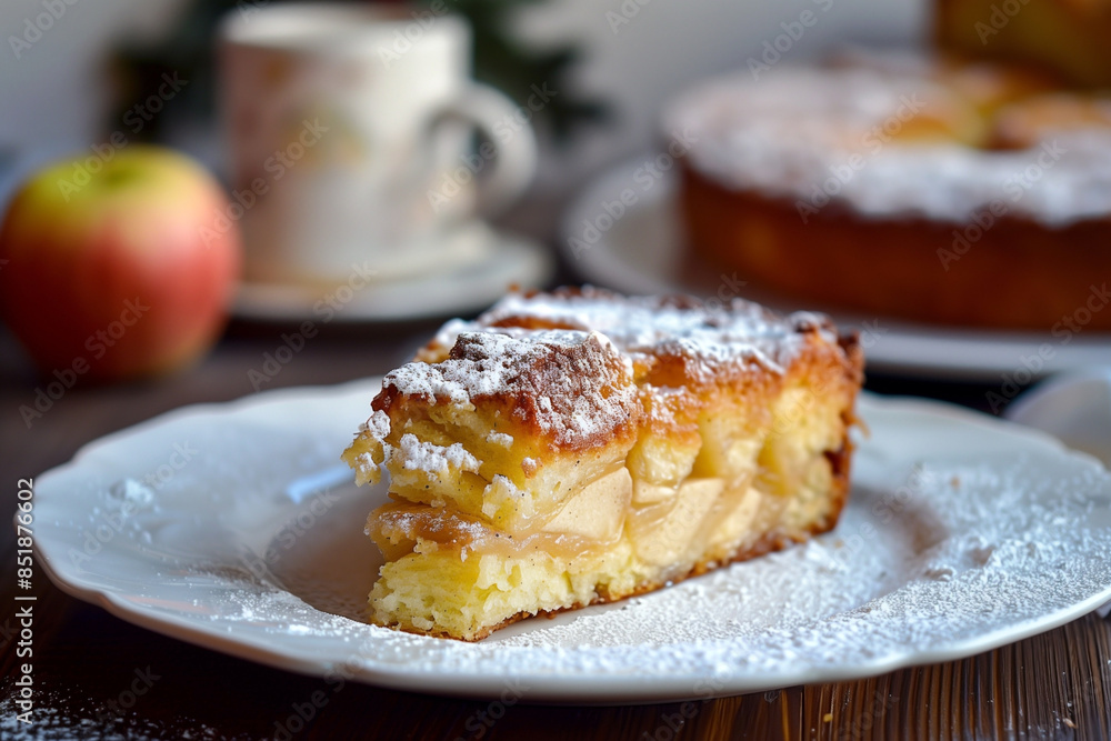 sweet homemade apple cake with cinnamon and powdered sugar, selective focus sweet homemade apple cake with cinnamon and powdered sugar, selective focus