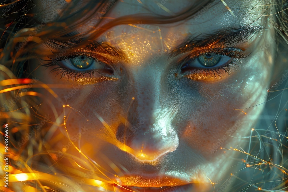 Close Up Portrait of a Woman With Golden Eye Makeup and Shimmering Lights Close Up Portrait of a Woman With Golden Eye Makeup and Shimmering Lights