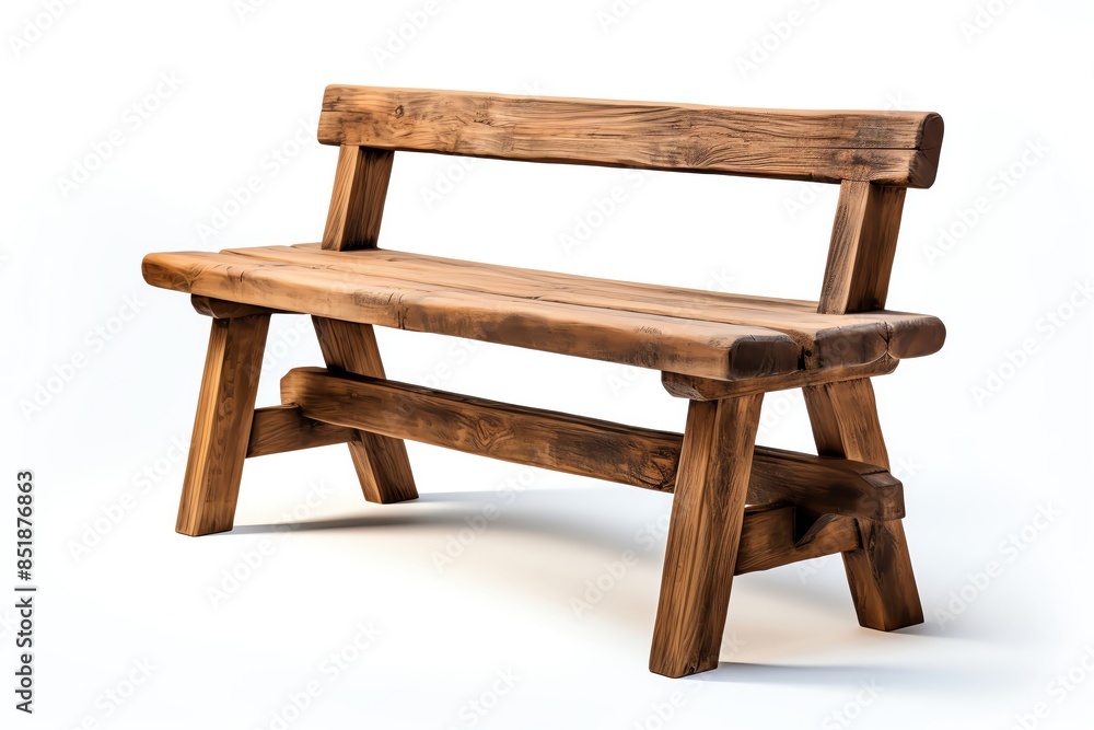 A rustic wooden bench on solid white background, single object A rustic wooden bench on solid white background, single object