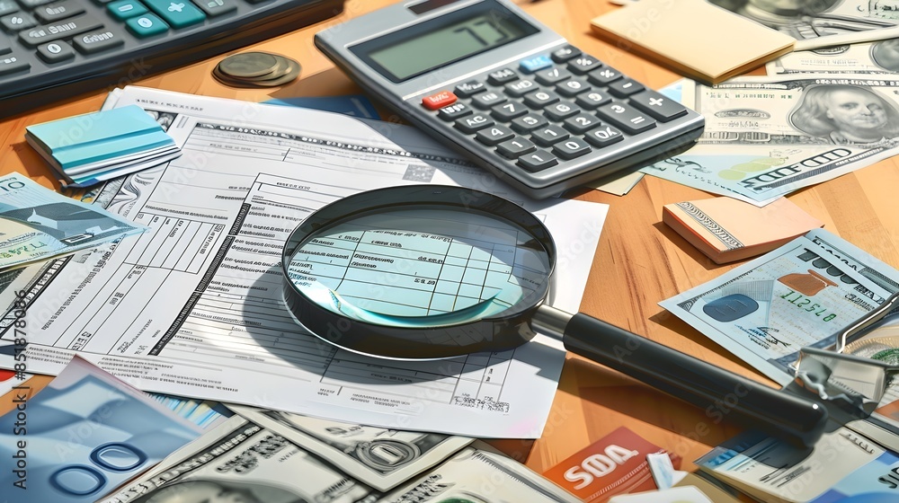 a tax document, a magnifying lens, a financial document, banknotes and a calculator machine on a desk. finance, money, accounting concept a tax document, a magnifying lens, a financial document, banknotes and a calculator machine on a desk. finance, money, accounting concept