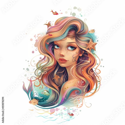 Vector illustration head portrait of a beautiful mermaid. Cartoon character.