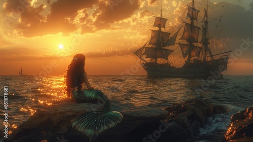 Beautiful mysterious mermaid sitting on a rock in sea at sunrise with a vintage sailing ship.