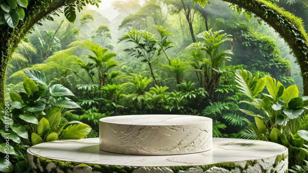 Natural stone podium in natural background with green leaves in the green jungle, Empty showcase for packaging product presentation, Background for cosmetic products, Mock up pedestal, ad, podium plat Natural stone podium in natural background with green leaves in the green jungle, Empty showcase for packaging product presentation, Background for cosmetic products, Mock up pedestal, ad, podium plat