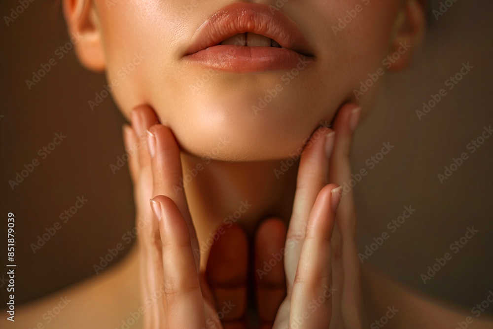 lower part of face of young beautiful woman, touching with her hands under chin lower part of face of young beautiful woman, touching with her hands under chin