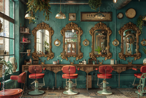 A cozy hair salon with vintage d?(C)cor and mirrors. photo
