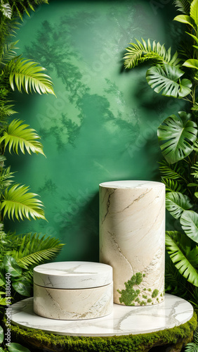 Natural stone podium in natural background with green leaves in the green jungle, Empty showcase for packaging product presentation, Background for cosmetic products, Mock up pedestal, ad, podium plat © aiximagination