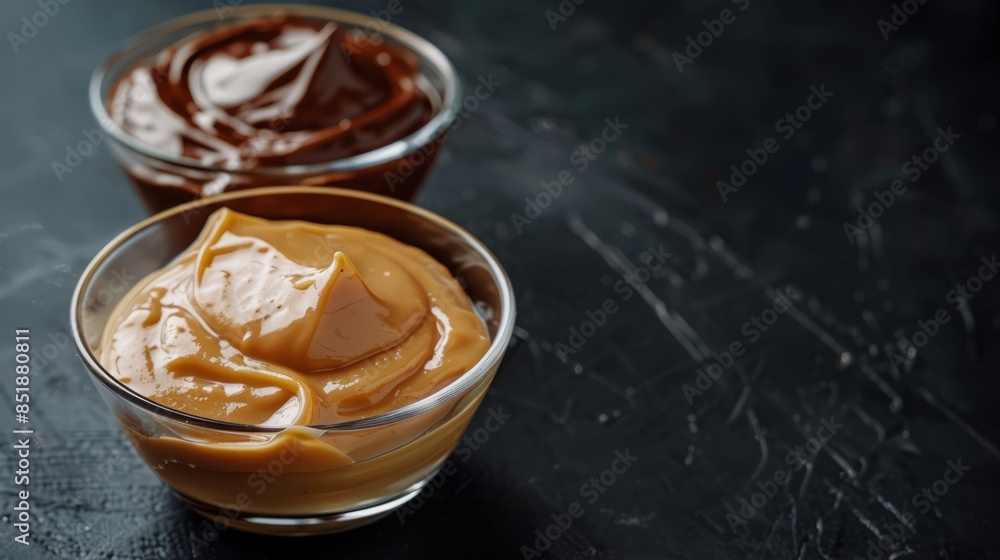 Butterscotch Pudding and Chocolate Pudding. Copy space Butterscotch Pudding and Chocolate Pudding. Copy space