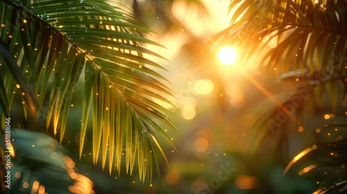 Blur beautiful nature green palm leaf on tropical beach with bokeh sun light wave abstract background. Copy space of summer vacation and business travel concept. Vintage tone filter effect color style