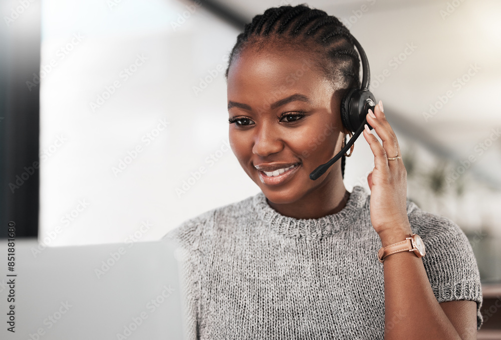 © Beaunitta V W�/peopleimages.com - Female person, headphones and microphone with smile on call as contact center agent or sales representative at work. Black woman, happy and consultant as virtual assistant at office in tech support