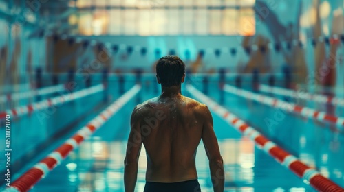 An athlete standing in front of a large swimming pool