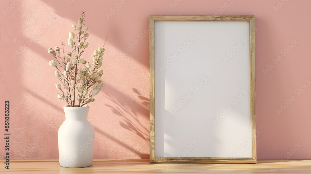 Mock-up of an empty wooden frame with space for copying, a retro coloured wall and a vase with dried flower decoration. Mock-up of an empty wooden frame with space for copying, a retro coloured wall and a vase with dried flower decoration.
