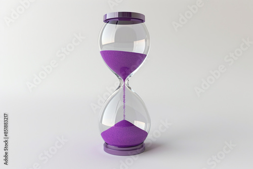 A transparent hourglass with purple sand on a solid white background, creating a crisp and elegant look.