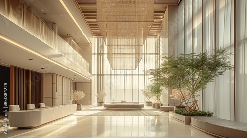 A hotel lobby with a high ceiling and a glass curtain wall on the right side, inspired by Japanese architecture. Generative AI. © visoot