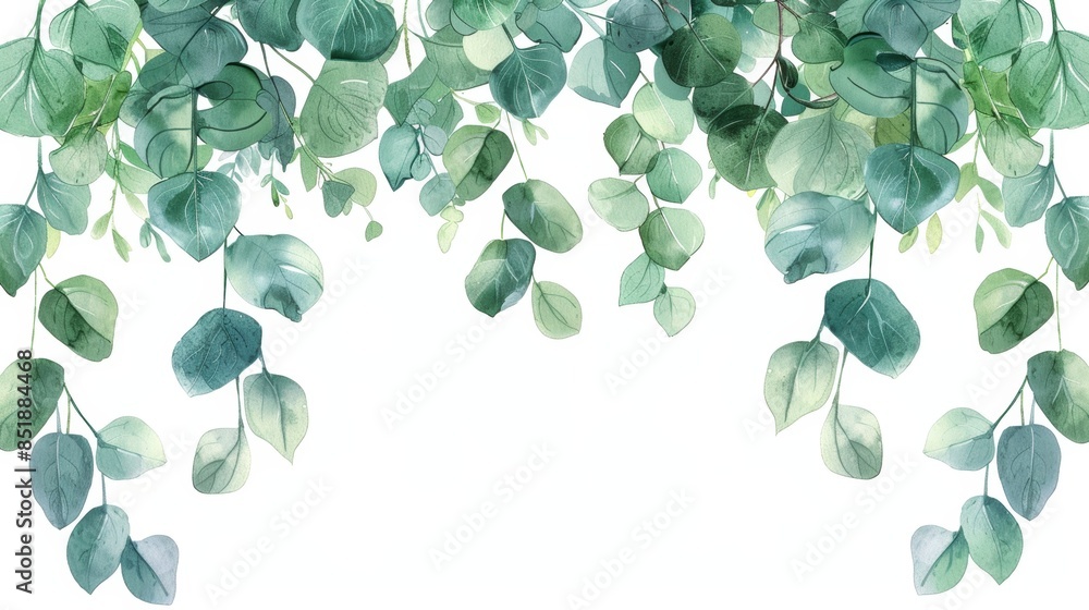 Elegant watercolor greenery leaves hanging in a lush arrangement on a white background. Perfect for wedding invitations, cards, and designs. Elegant watercolor greenery leaves hanging in a lush arrangement on a white background. Perfect for wedding invitations, cards, and designs.