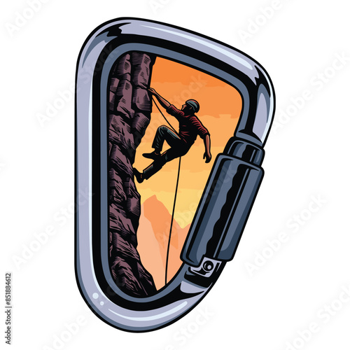 Rock climbing vector illustration with sunset mountain background in carabiner frame