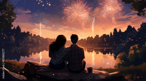 A couple sitting by a lake watching a vibrant fireworks display in the evening, creating a romantic and serene atmosphere.