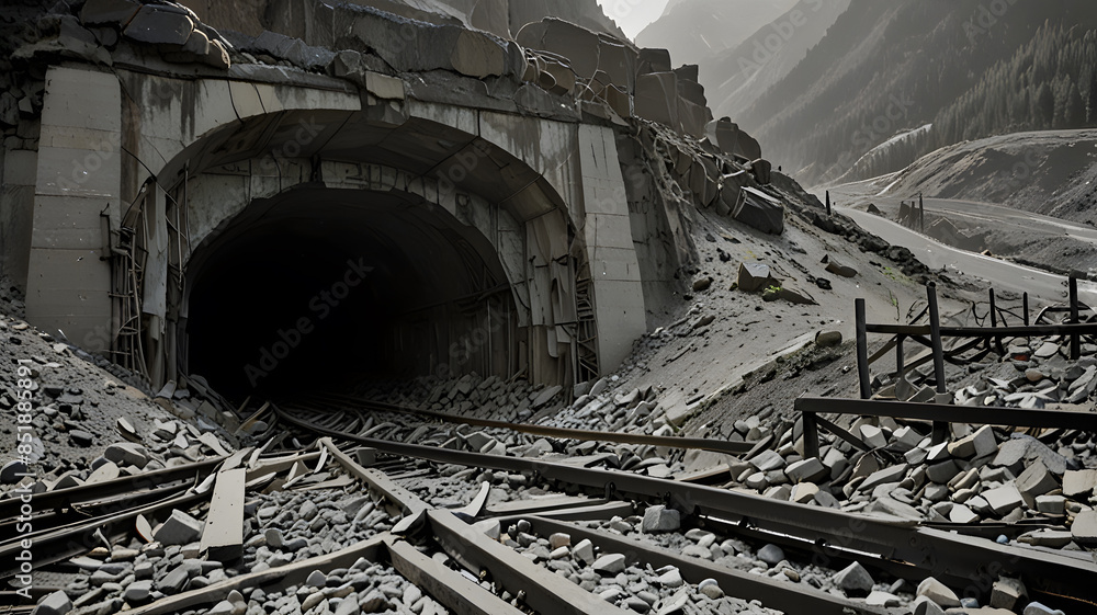 Naklejka premium A collapsed tunnel in a mountain, with rubble blocking the entrance and exposed rebar, showing the destructive force of wartime explosions on transportation routes in black and white