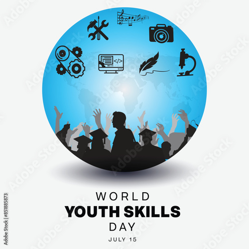 World Youth Skills Day design. It features silhouette of youth with several types of skill icon. Vector illustration