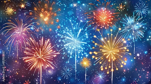 A celebratory background of colorful fireworks exploding in a clear, starry night sky