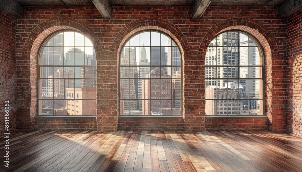 empty room with wooden floors and red brick walls, featuring three arched windows that offers city views empty room with wooden floors and red brick walls, featuring three arched windows that offers city views