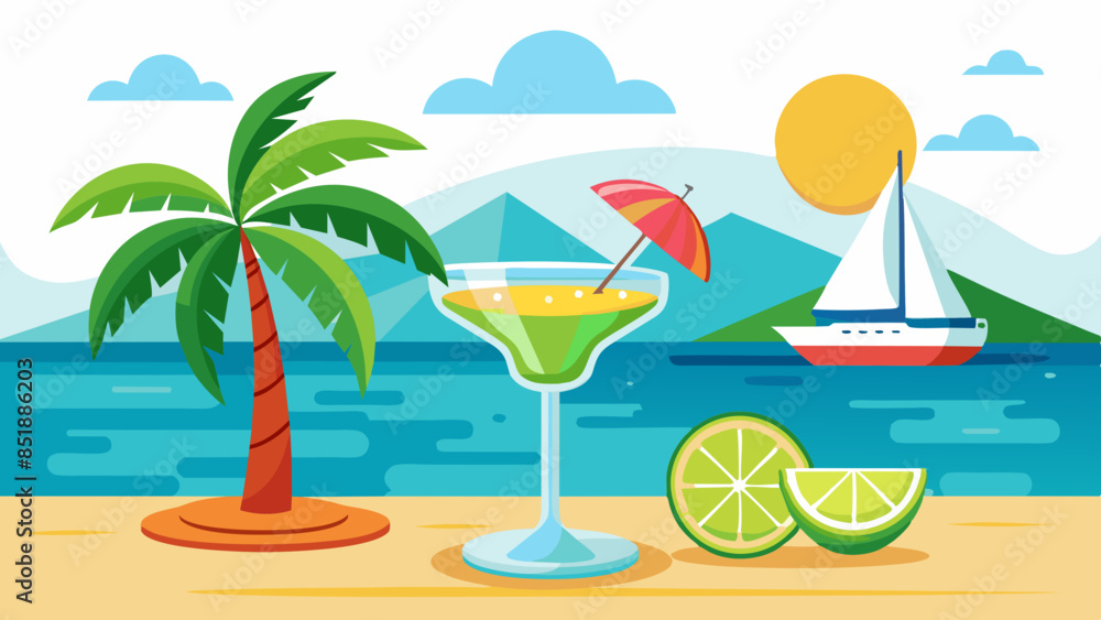 Obraz premium Tropical beach with a cocktail featuring an umbrella, lime slices, a palm tree, and a sailboat on the water against a backdrop of mountains and a sunny sky