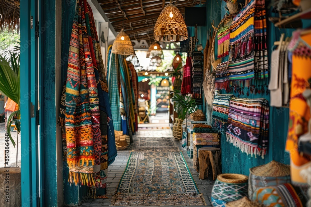 Obraz premium A colorful display of rugs and blankets in a market. The colors are bright and the atmosphere is lively