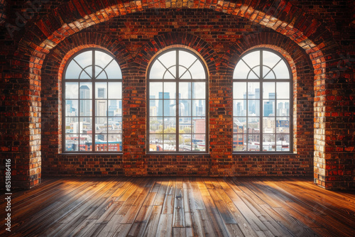 empty room with wooden floors and red brick walls, featuring three arched windows that offers city views © Rangga Bimantara