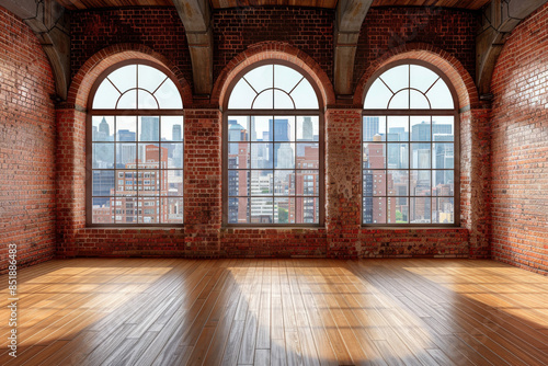 empty room with wooden floors and red brick walls, featuring three arched windows that offers city views