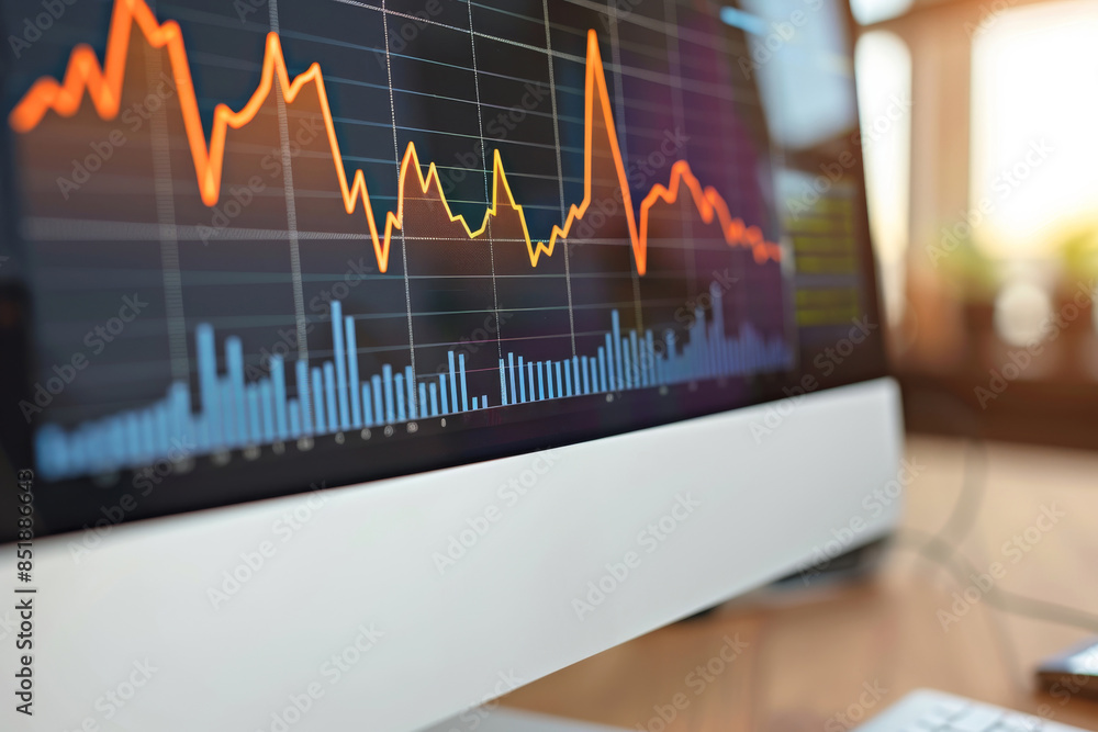 Close-up of a computer monitor displaying financial data charts and graphs, representing economic analysis and market trends. Close-up of a computer monitor displaying financial data charts and graphs, representing economic analysis and market trends.