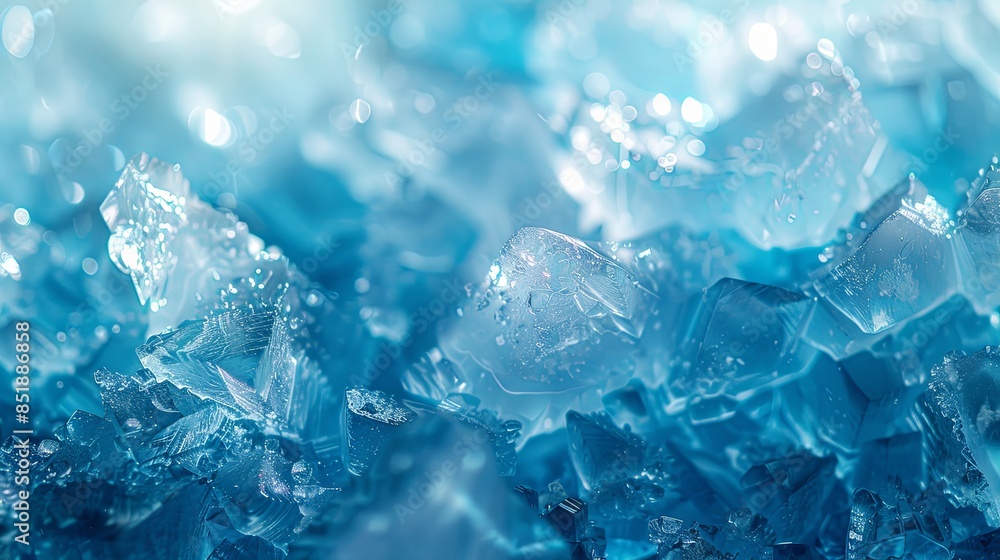 A cool background of glowing ice formations in shades of blue and white, with subtle light reflections