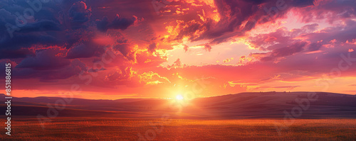 A breathtaking sunset over a vast expanse of rolling hills, painting the sky with hues of gold, orange, and purple.