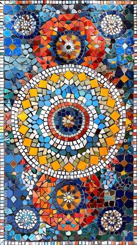 A detailed background of colorful mosaic tiles arranged in intricate, symmetrical patterns