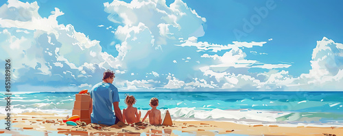 A family spending a relaxing day at the beach, building sandcastles, playing beach games, and soaking up the sun. photo