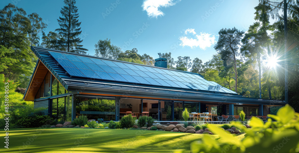 A bright, clear blue sky over a modern suburban home with an angled roof fully covered in shiny solar panels. The house is surrounded by lush green landscaping and tall, vibrant trees. Generative AI. A bright, clear blue sky over a modern suburban home with an angled roof fully covered in shiny solar panels. The house is surrounded by lush green landscaping and tall, vibrant trees. Generative AI.