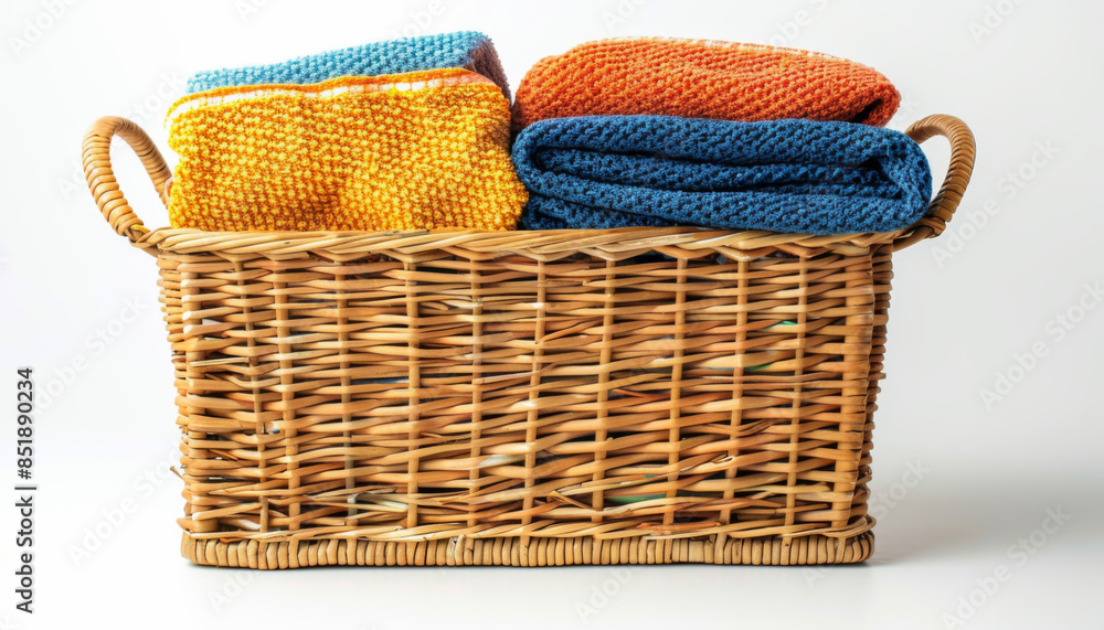 a stack of clothing laundry in a wicker basket isolated on a white background