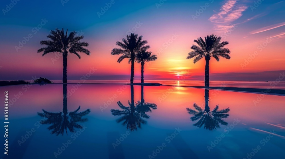 Fototapeta premium Palm tree silhouette with water reflection at sunset