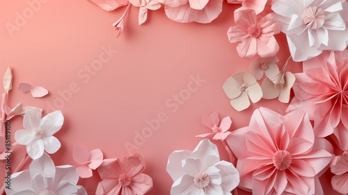 Paper flamingo isolated on pink and white background