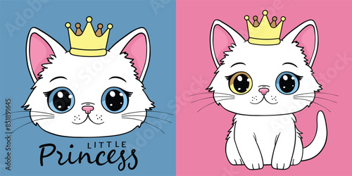 Cute white kitten princess girl with crown, different colored eyes, Little Princess slogan