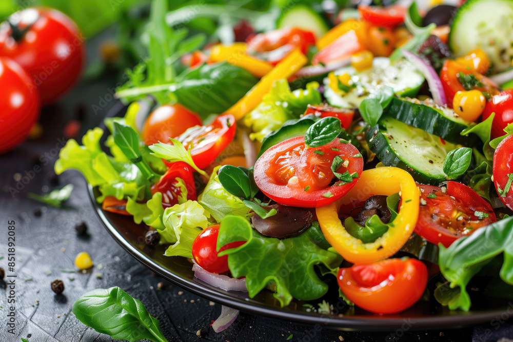 Fresh Colorful Vegetarian Salad with Tomatoes and Greens Fresh Colorful Vegetarian Salad with Tomatoes and Greens