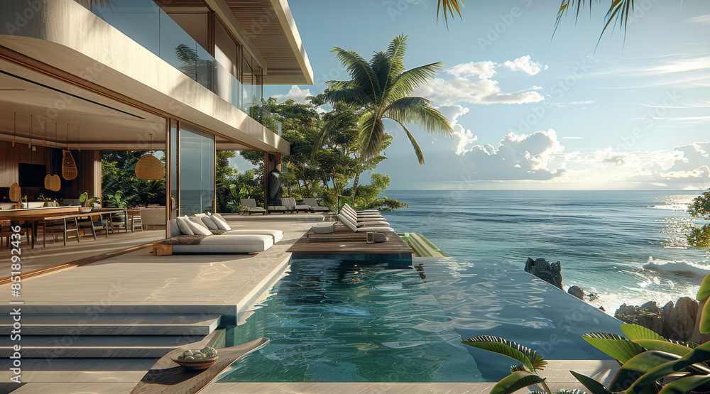 Fototapeta premium A stunning oceanfront villa with panoramic views, featuring an outdoor lounge area. The scene is bathed in warm sunny day lighting, cozy atmosphere for sophisticated beachside retreat. Generative AI.