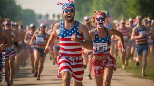Group of patriotic runners in American flag attire participating in a festive marathon outdoors on a sunny day.