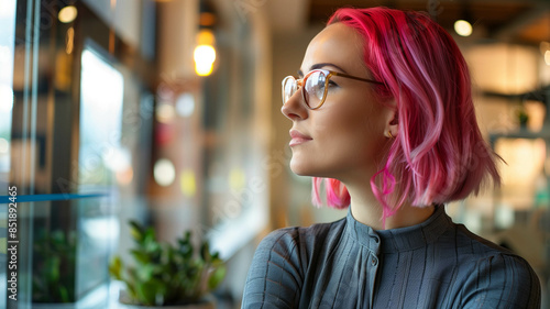 A confident gay female entrepreneur with vibrant pink hair gazing out of an office window, capturing her moment of reflection. Ai generated © Kiron