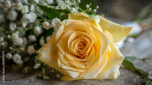 A single yellow rose as part of a bride's bouquet, capturing the beauty and significance of the flower in wedding traditions. Ai generated