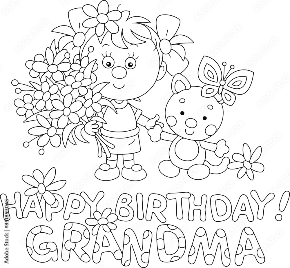 Happy birthday grandma card with a happy little girl holding a funny toy cat with a butterfly and a beautiful bouquet of summer flowers for her granny, vector cartoon illustration on white