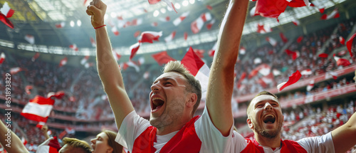poland football supporter fans cheering with confetti watching soccer match event at stadium - Young people group with Red and white t-shirts having excited fun on sport european championship concept